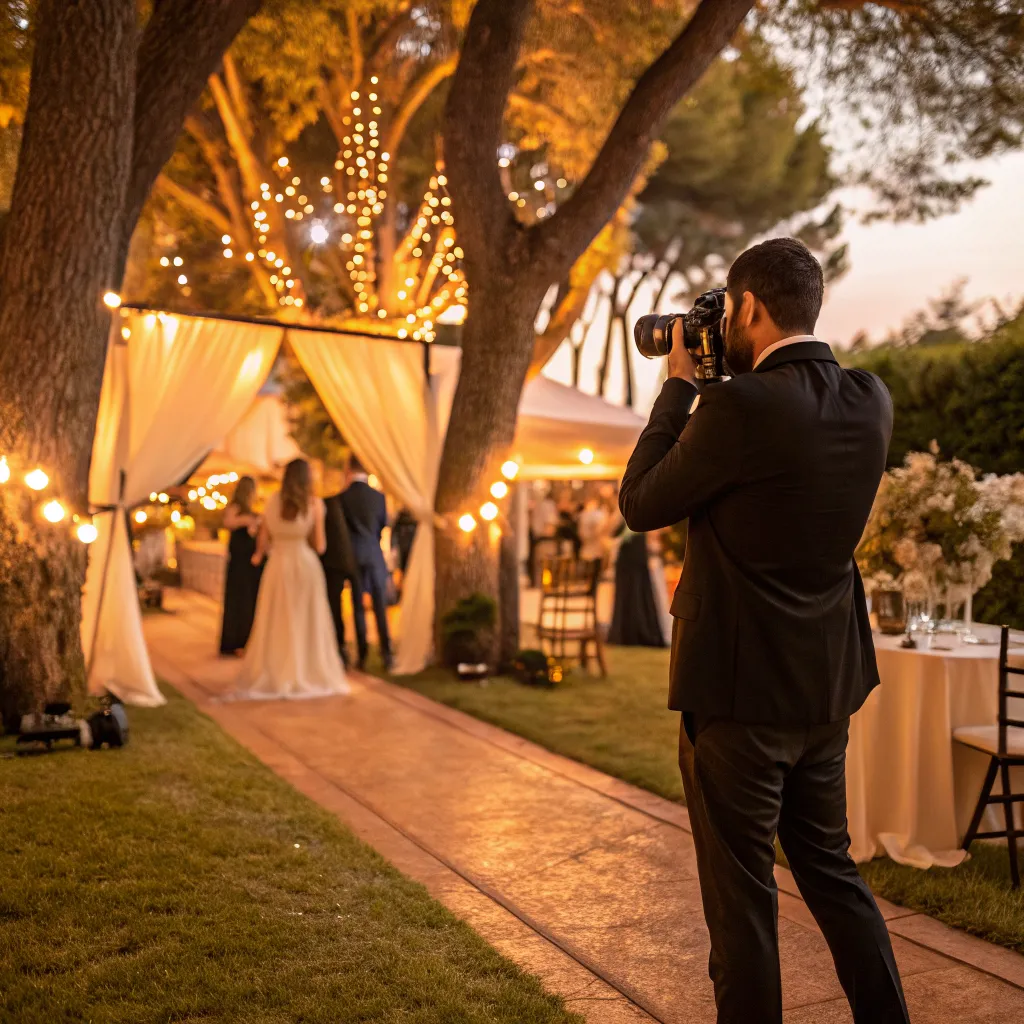 Professional photographer capturing a luxury outdoor event with warm golden tones